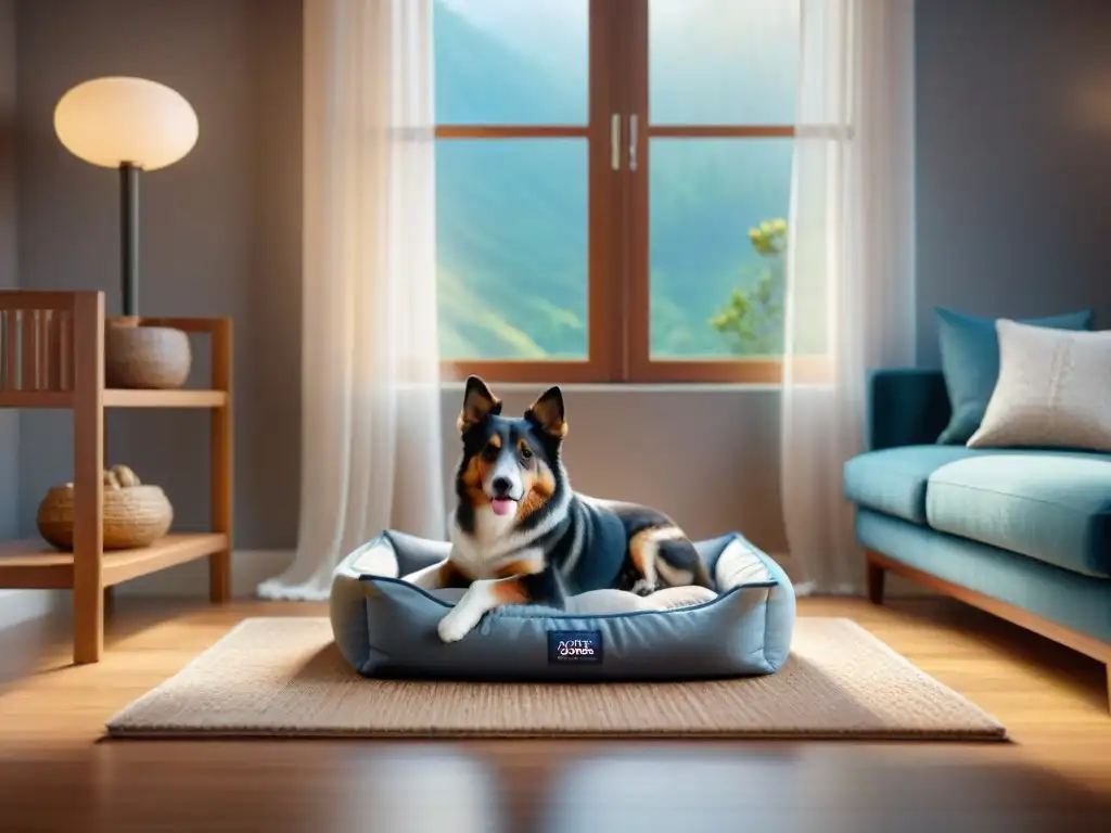 Salón acogedor para perro diabético: diseño detallado en 8k Acogedor espacio para perro mayor diabético en hogar: cama baja, tapete antideslizante, comedero elevado, tratamientos, luz natural