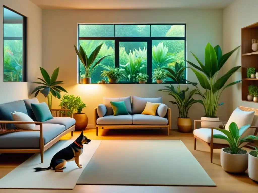 Salón acogedor con plantas tóxicas Acogedor salón con plantas luminosas, resaltando su toxicidad para mascotas