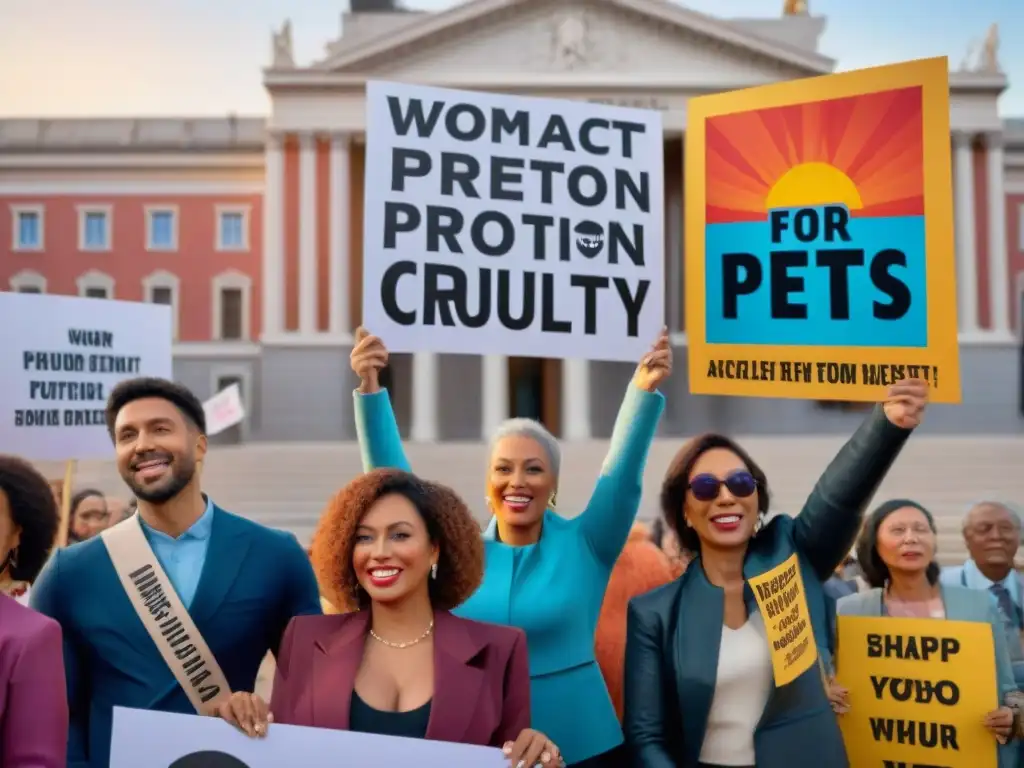 Activistas por los derechos de los animales luchan contra el maltrato Diversos activistas de derechos animales frente a un edificio gubernamental, unidos en la lucha contra el maltrato animal al atardecer