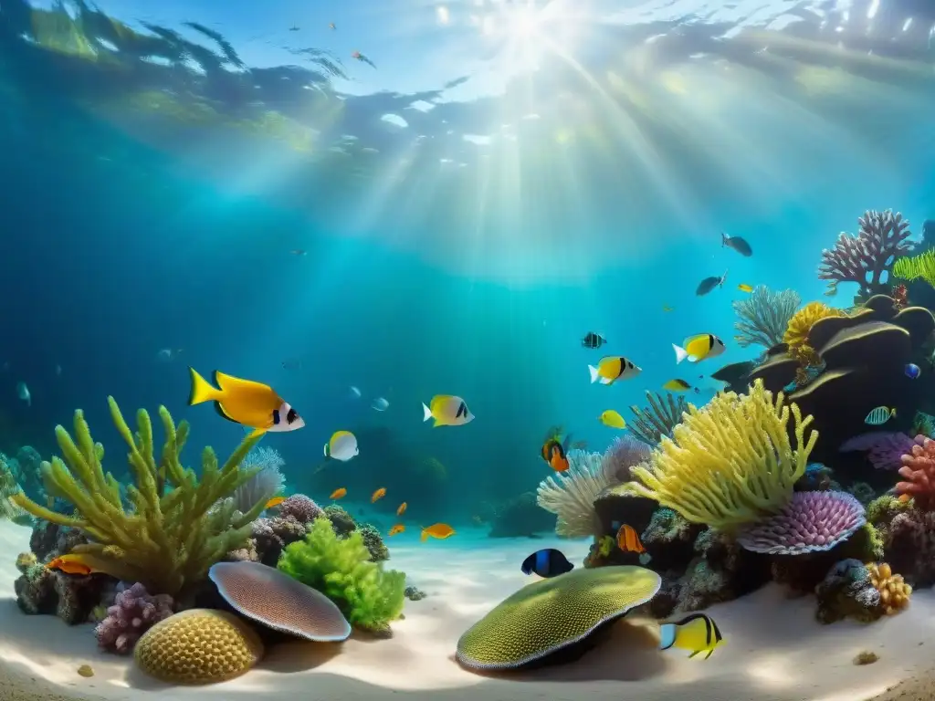 Acuario tropical con peces coloridos y coral vibrante Un acuario colorido con peces nadando entre corales y plantas acuáticas