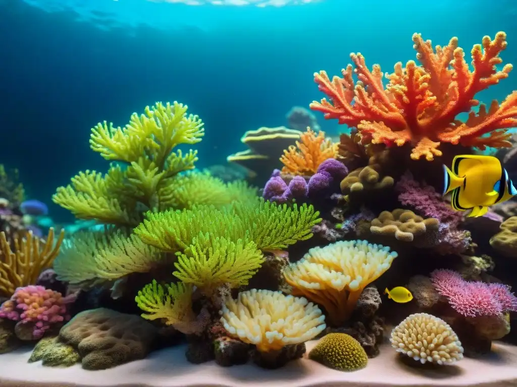 Arrecife de coral vibrante en acuario: belleza natural Acuario completo con vibrante arrecife de coral, peces coloridos y paisaje submarino