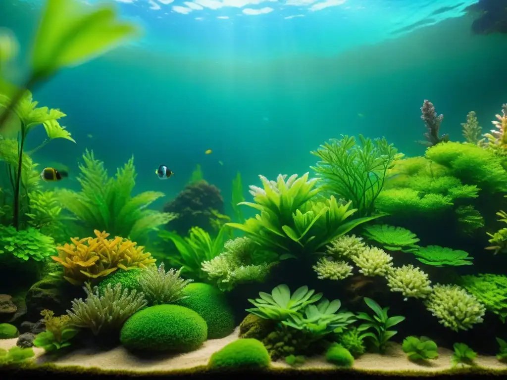 Jardín acuático vibrante: prevención natural de algas Acuario con plantas acuáticas coloridas en equilibrio, prevención algas acuario estrategias efectivas
