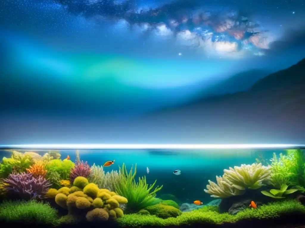 Acuario sereno con peces coloridos bajo el cielo estrellado y constelaciones, simbolizando la conexión entre astrología y bienestar mascotas