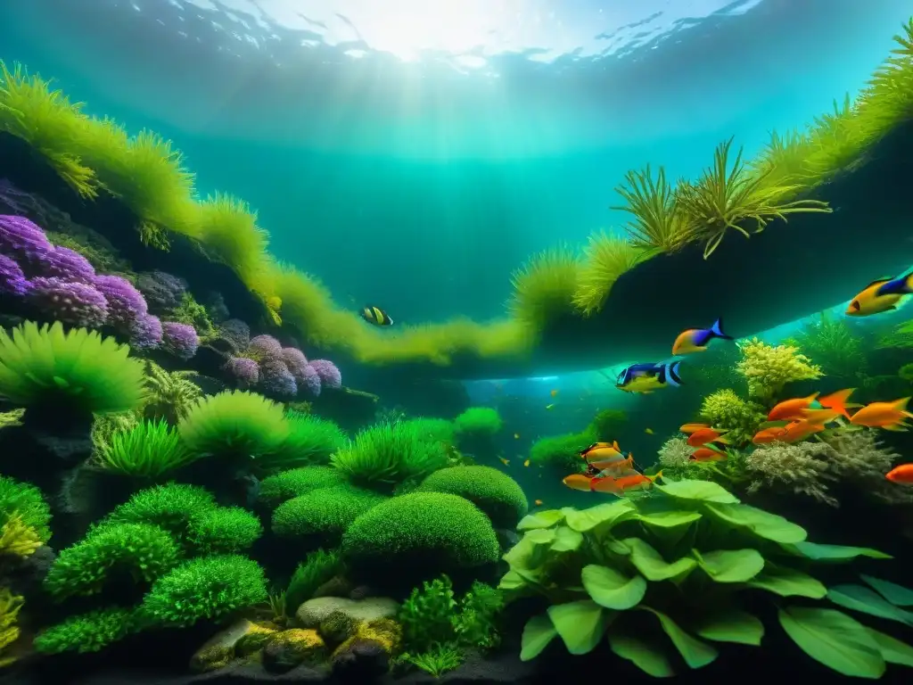 Acuario vibrante: peces coloridos en ecosistema tranquilo Un acuario vibrante con peces coloridos nadando entre plantas acuáticas, evitando enfermedades con correcta alimentación
