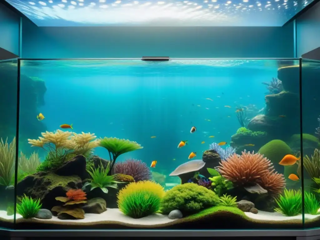 Acuario moderno: sistema de filtración y vida vibrante Un acuario vibrante con un sistema de filtración moderno y peces coloridos