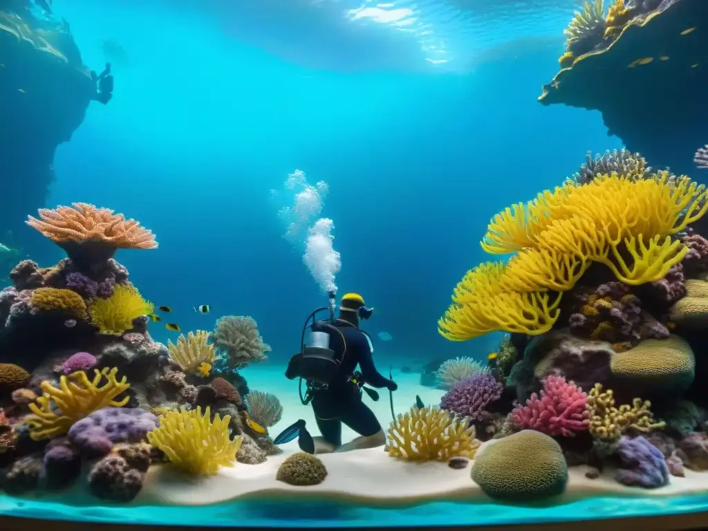 Acuarista profesional limpiando acuario marino con precisión Un acuarista profesional limpia con cuidado un acuario marino vibrante, lleno de arrecifes de coral, peces exóticos y plantas submarinas