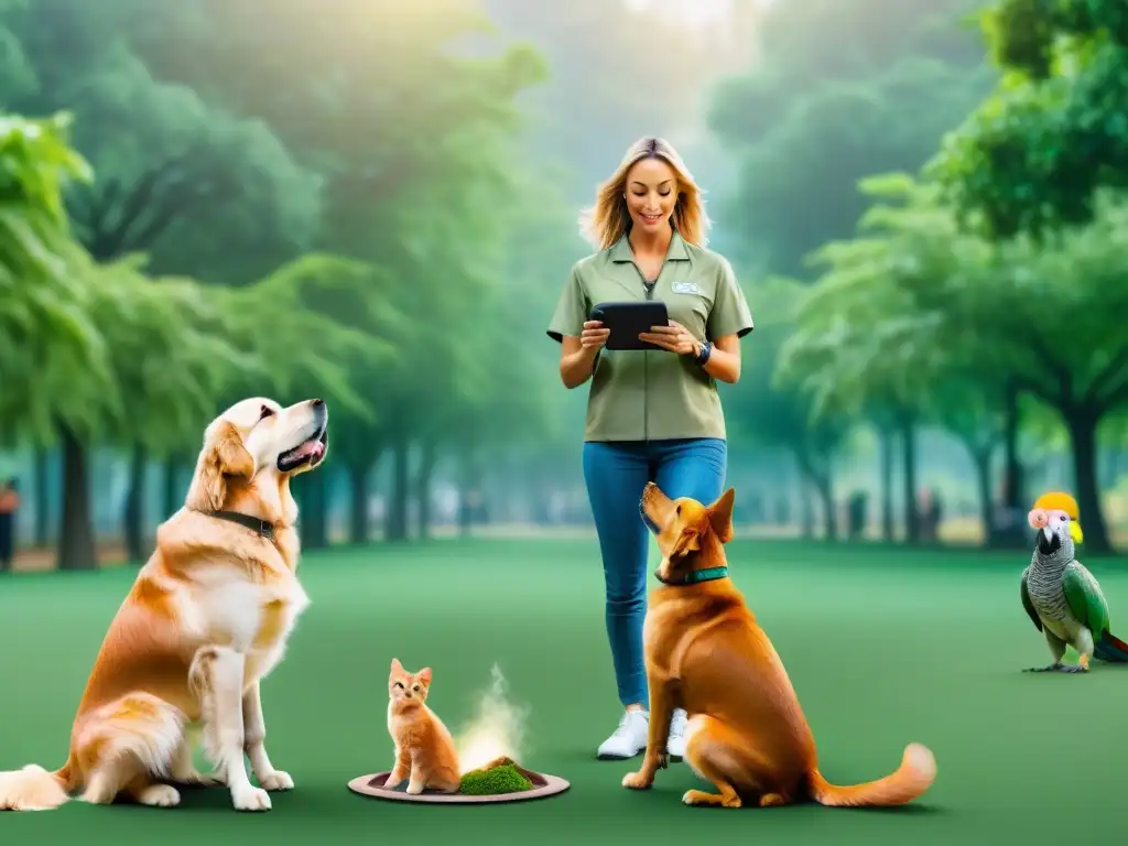 Entrenador de mascotas: armonía y destreza en el parque Un adiestrador de mascotas instruye con maestría a un grupo de animales en un parque