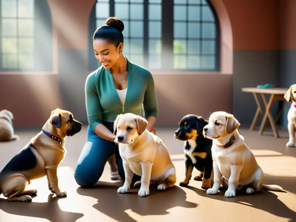 Ternura y aprendizaje: entrenamiento de cachorros en acción Un adiestrador profesional guía tiernamente cachorros de distintas razas en ejercicios de socialización en un espacio luminoso lleno de juguetes