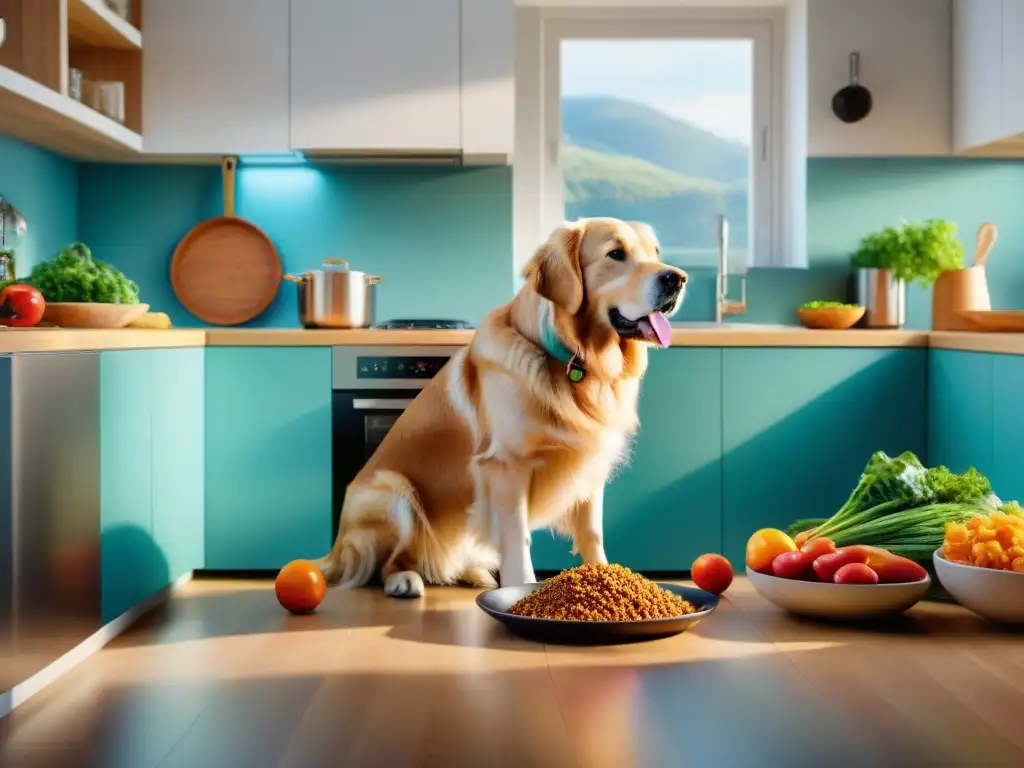 Golden retriever emocionado por comida casera en cocina acogedora Un adorable golden retriever disfruta de una comida casera en una cocina vibrante