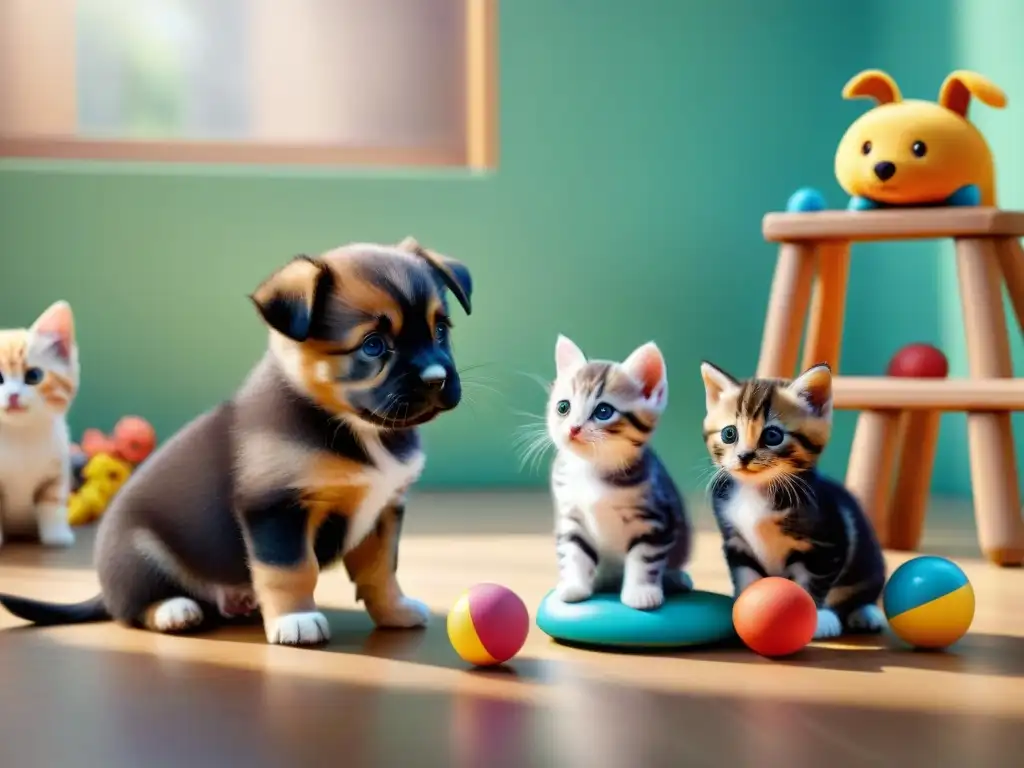 Interacción animal: cachorros y gatitos aprenden juntos Adorables cachorros y gatitos en sesión de socialización temprana con especialista en comportamiento animal