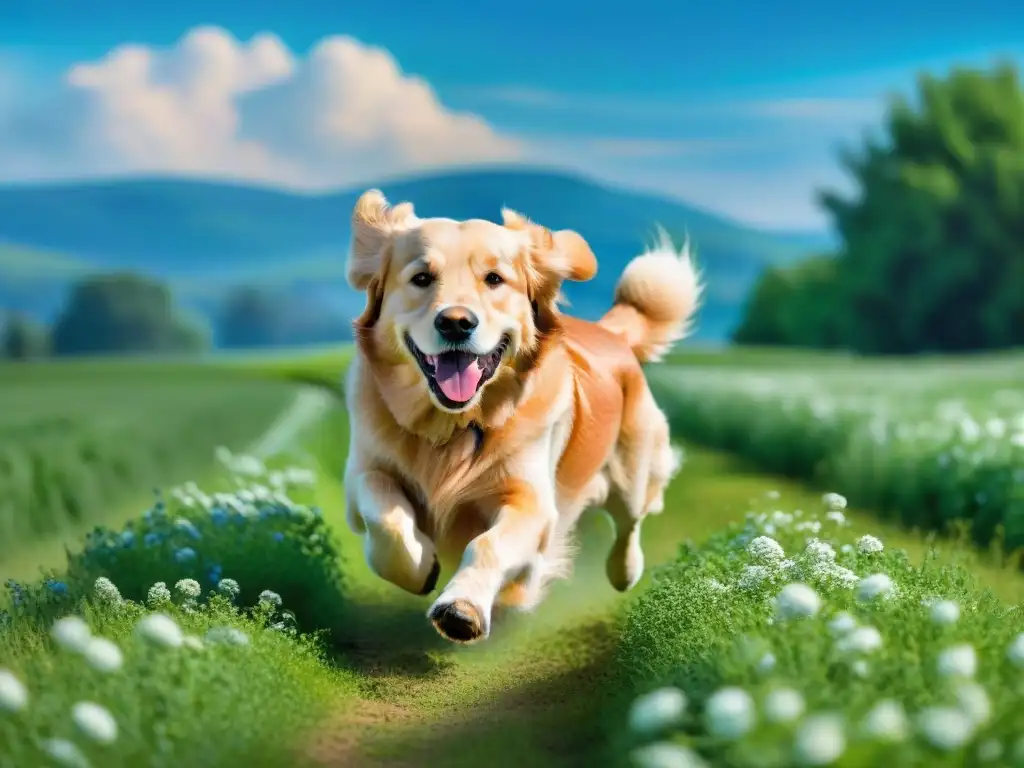 Golden retriever feliz con collar GPS en un campo verde Un alegre golden retriever con collar GPS seguro corre feliz en un campo verde bajo el sol brillante
