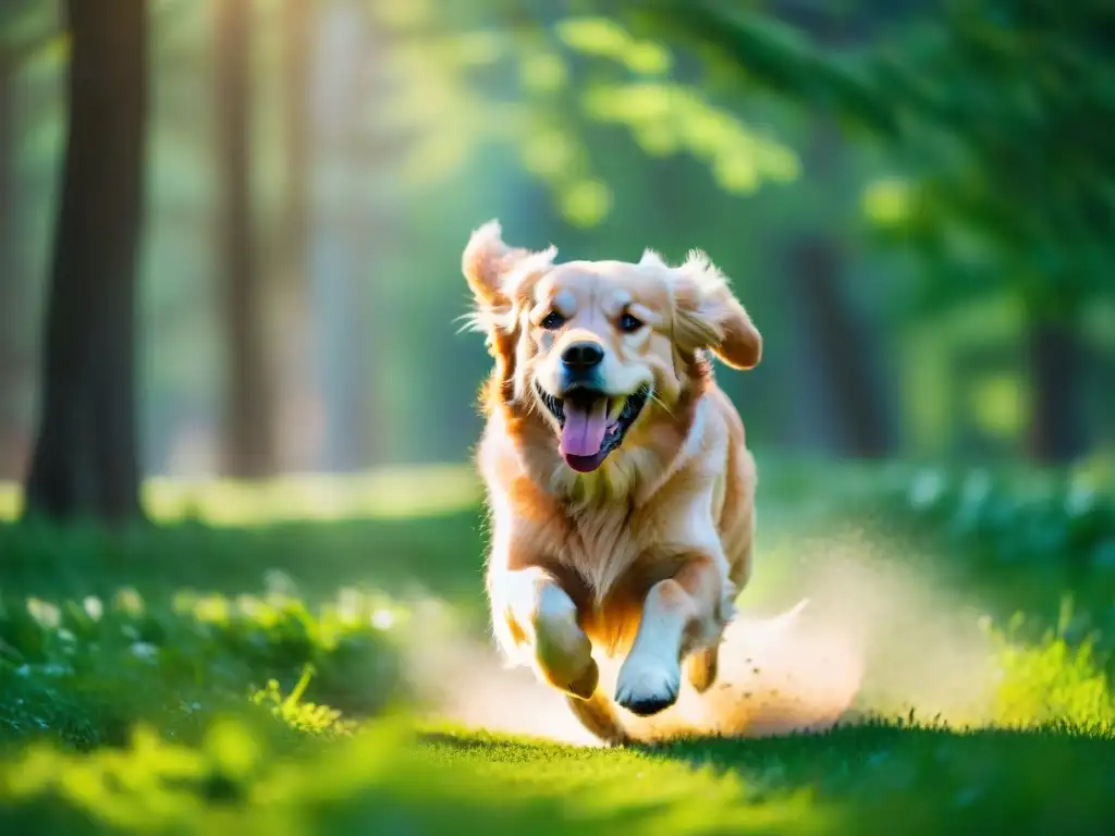 Golden retriever feliz corre en parque verde Un alegre golden retriever corre feliz en un parque verde, bajo los rayos de sol