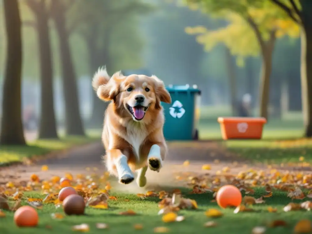 Golden retriever jugando con juguete reciclado en parque verde Un alegre perro juega con un juguete reciclado en un parque verde, mostrando los beneficios de los juguetes reciclados para mascotas