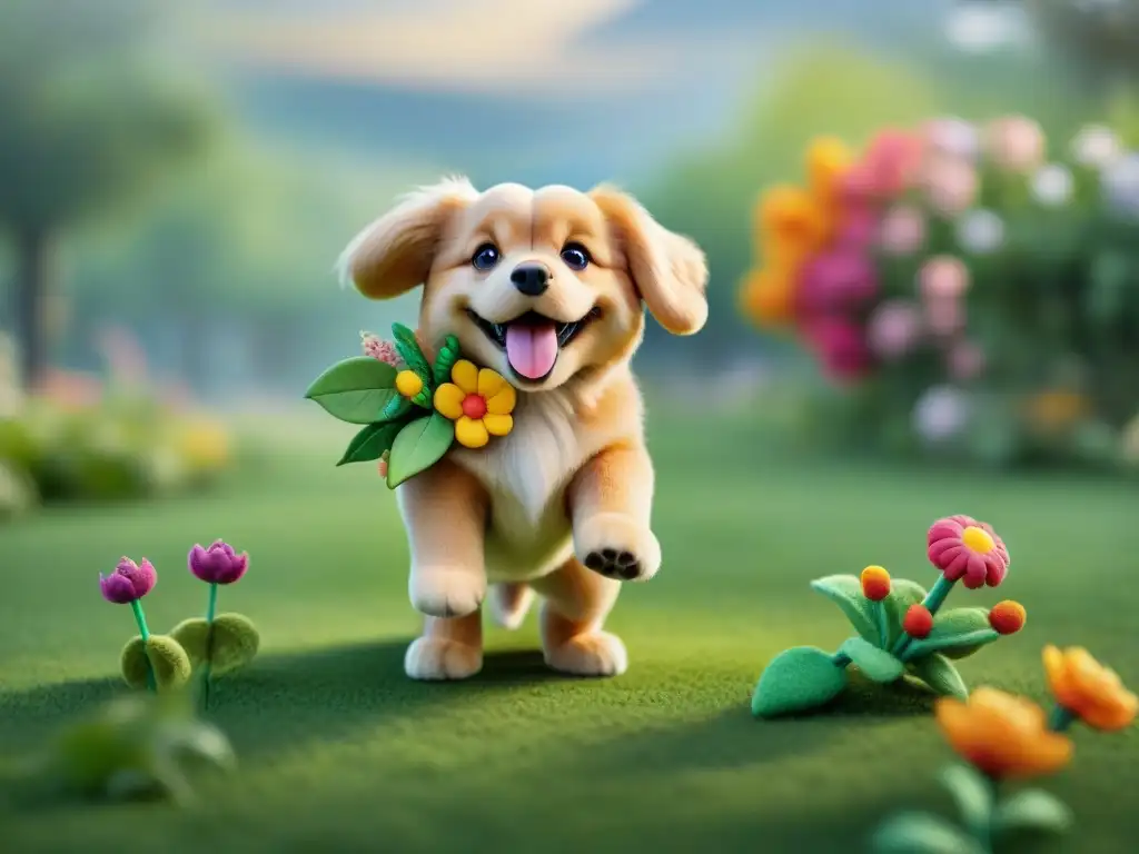 Perro feliz juega con juguete reciclado en parque verde Un alegre perro juega con un juguete reciclado en un parque verde, resaltando los beneficios de los juguetes reciclados para mascotas