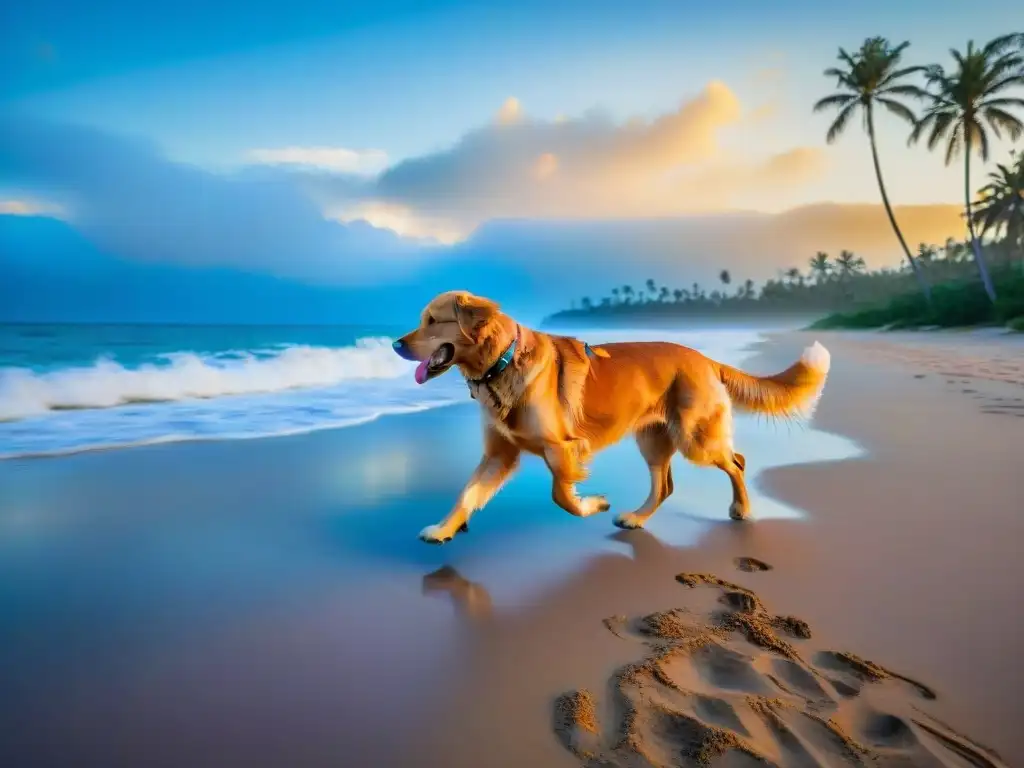 Golden retriever corriendo feliz en la playa al atardecer Un golden retriever corre alegre en la playa al atardecer, reflejos dorados en el mar