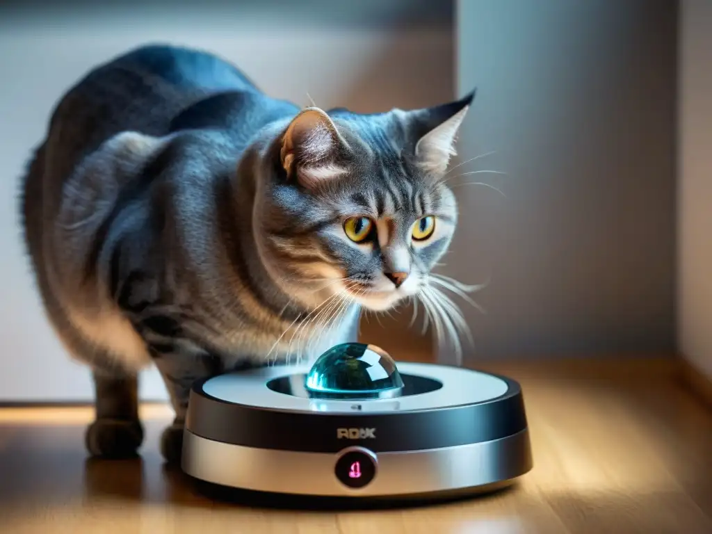 Comedero automático con cámara captando a un gato curioso Un alimentador automático con cámara captura la curiosidad de un gato esponjoso en un entorno moderno y elegante