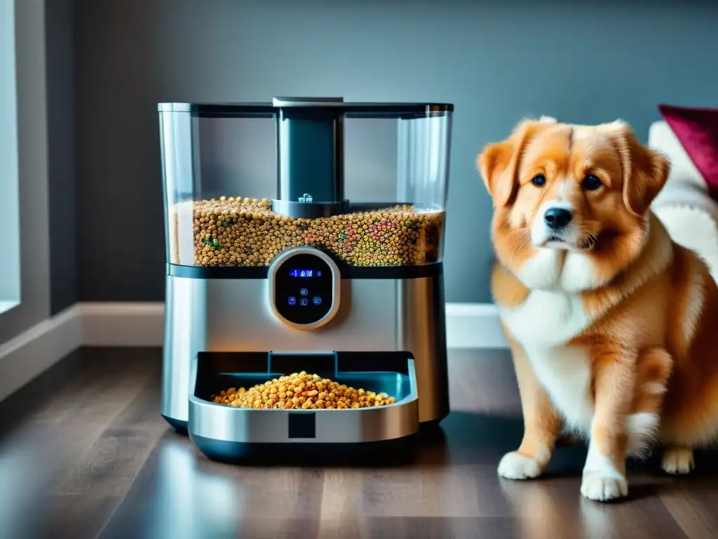 Alimentador automático de mascotas con cámara: tecnología avanzada y diseño intuitivo Un alimentador automático con cámara captando cada detalle, rodeado de croquetas coloridas y una mascota feliz en un hogar acogedor