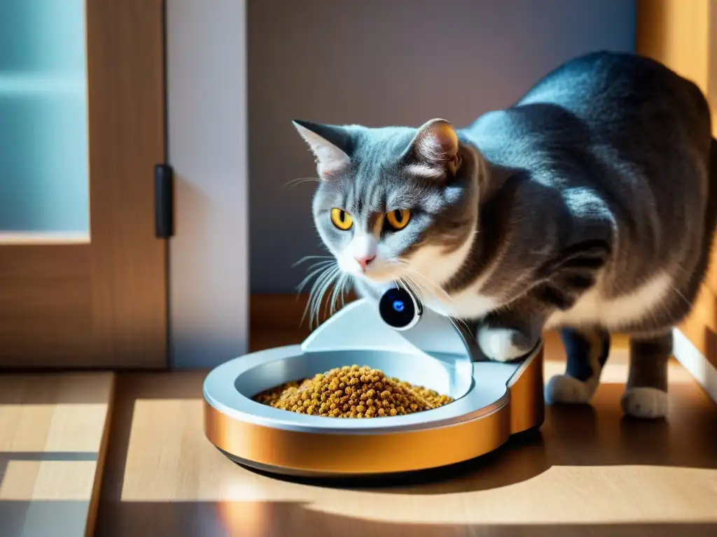 Comedero automático con cámara para gatos curiosos Un alimentador automático con cámara captura a un gato curioso