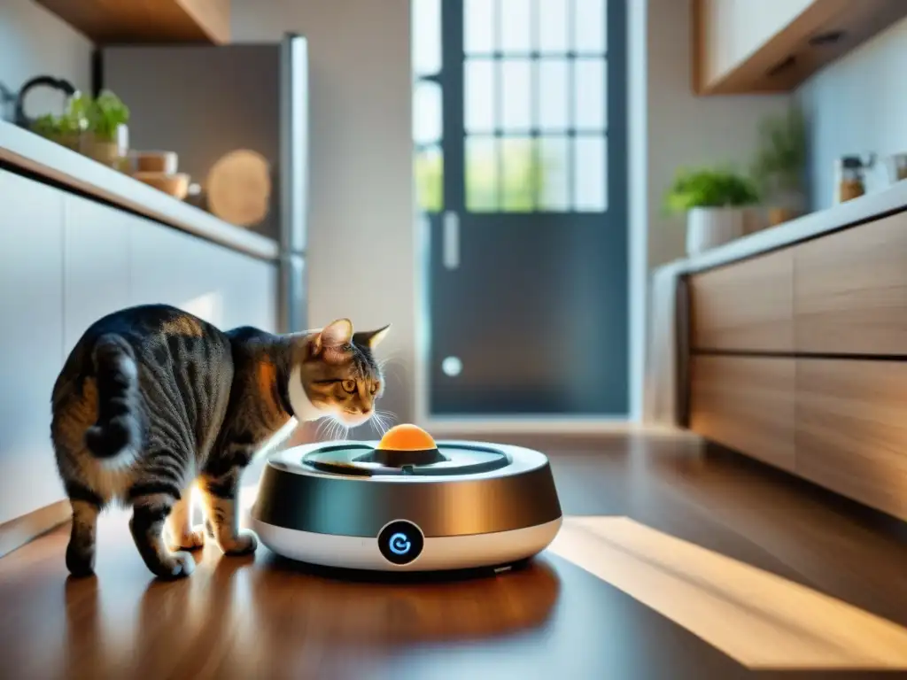 Alimentador automático con cámara para gato disfrutando en cocina Alimentador automático con cámara capturando a un gato esponjoso en una cocina iluminada