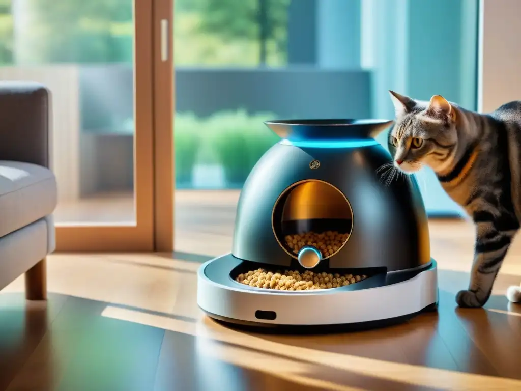 Comedero automático de mascotas con cámara: gato curioso en sala elegante Alimentador automático con cámara en elegante sala, gatito curioso asomándose