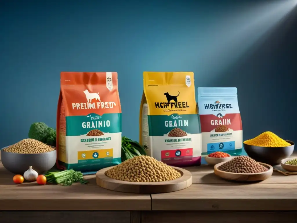 Nutrición canina premium: variedad de alimentos sin granos en detalle Alimentos sin cereales para perros: variedad premium en empaques coloridos con ingredientes frescos y nutrientes esenciales