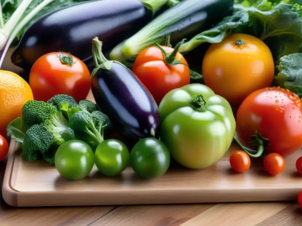 Deliciosos ingredientes naturales para dieta gourmet canina Alimentos gourmet para perros saludables: variedad de vibrantes frutas y verduras frescas en tabla de cocina de madera