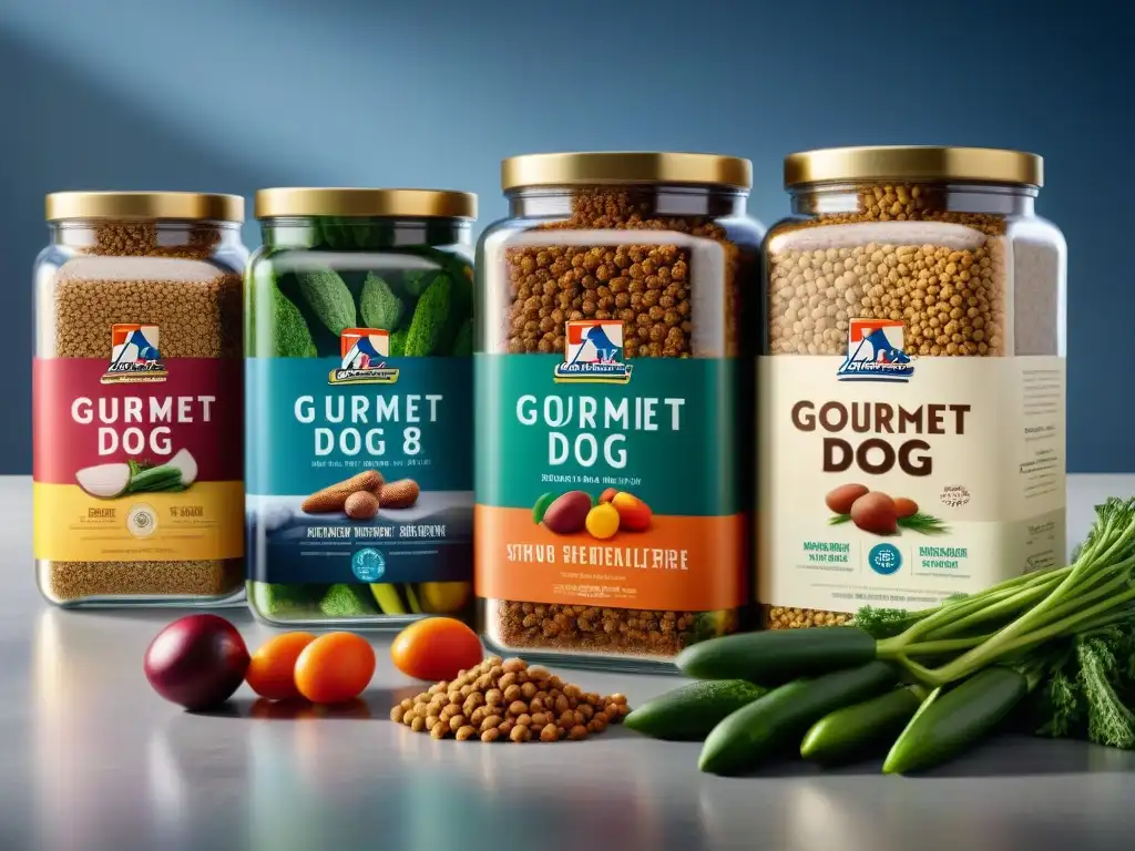 Ingredientes gourmet para perros: salud y frescura en cada detalle Alimentos gourmet para perros saludables en una cocina moderna con ingredientes frescos y coloridos