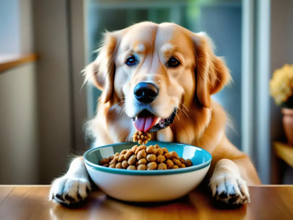 Golden retriever disfrutando comida gourmet en cuenco artesanal Un golden retriever disfrutando de alimentos gourmet para perros saludables en un tazón artesanal
