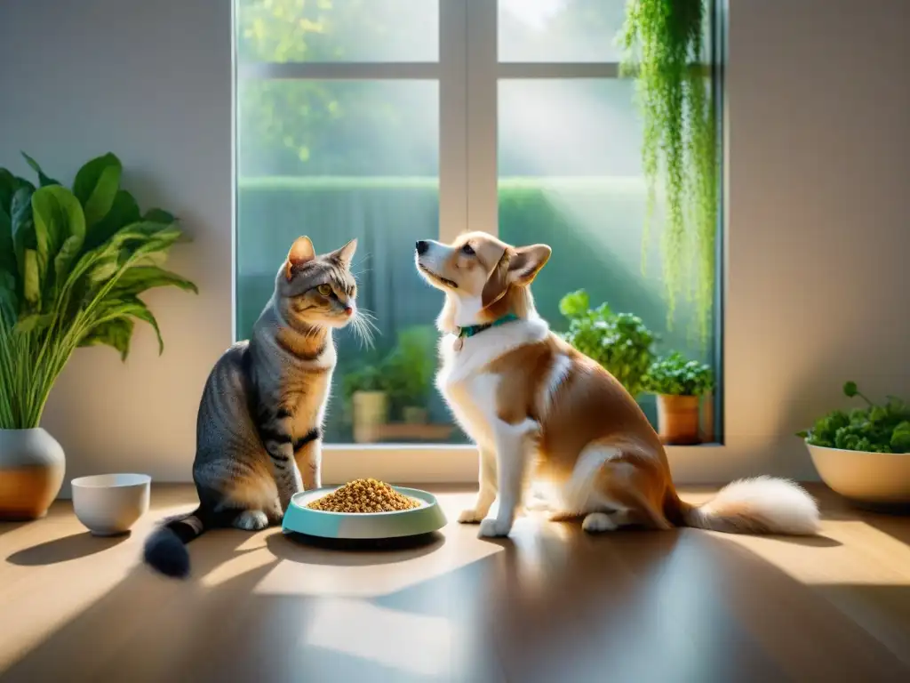 Armonía animal: convivencia pacífica en cocina espaciosa Un ambiente armonioso en una cocina espaciosa donde múltiples mascotas disfrutan pacíficamente su comida, evitando competencia