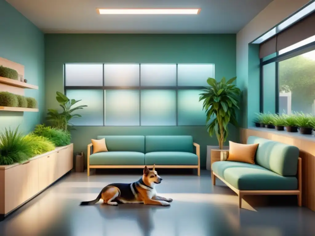Clínica veterinaria moderna y acogedora con dueños y mascotas felices Un ambiente moderno y acogedor en una consulta veterinaria con dueños de mascotas felices