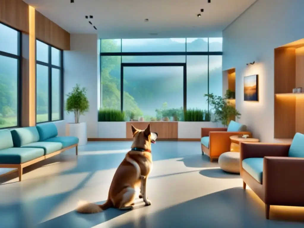 Clínica veterinaria acogedora con dueños de mascotas Un ambiente sereno de consulta veterinaria con dueños y mascotas, transmitiendo confianza y profesionalismo