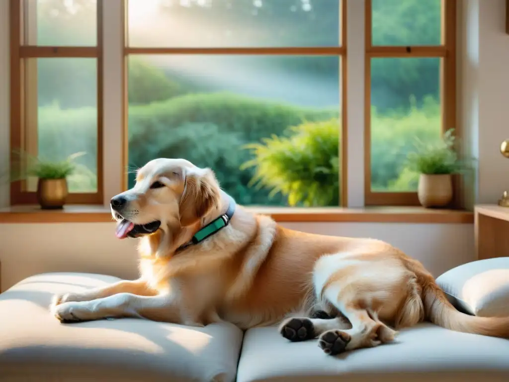 Cuidado geriátrico: amor y atención para tu mejor amigo peludo Un golden retriever anciano descansa en una cama junto a una ventana con vista a un jardín sereno, mientras un veterinario cariñoso lo examina con amor
