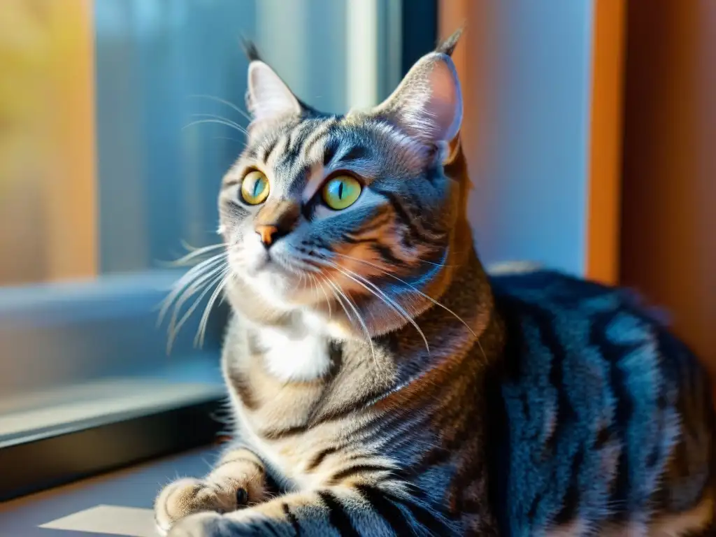 Majestuoso gato gris mayor acicalándose bajo la luz cálida del sol Un anciano gato gris atigrado se acicala bajo la cálida luz del sol en una sala acogedora con suplementos nutricionales para gatos seniors
