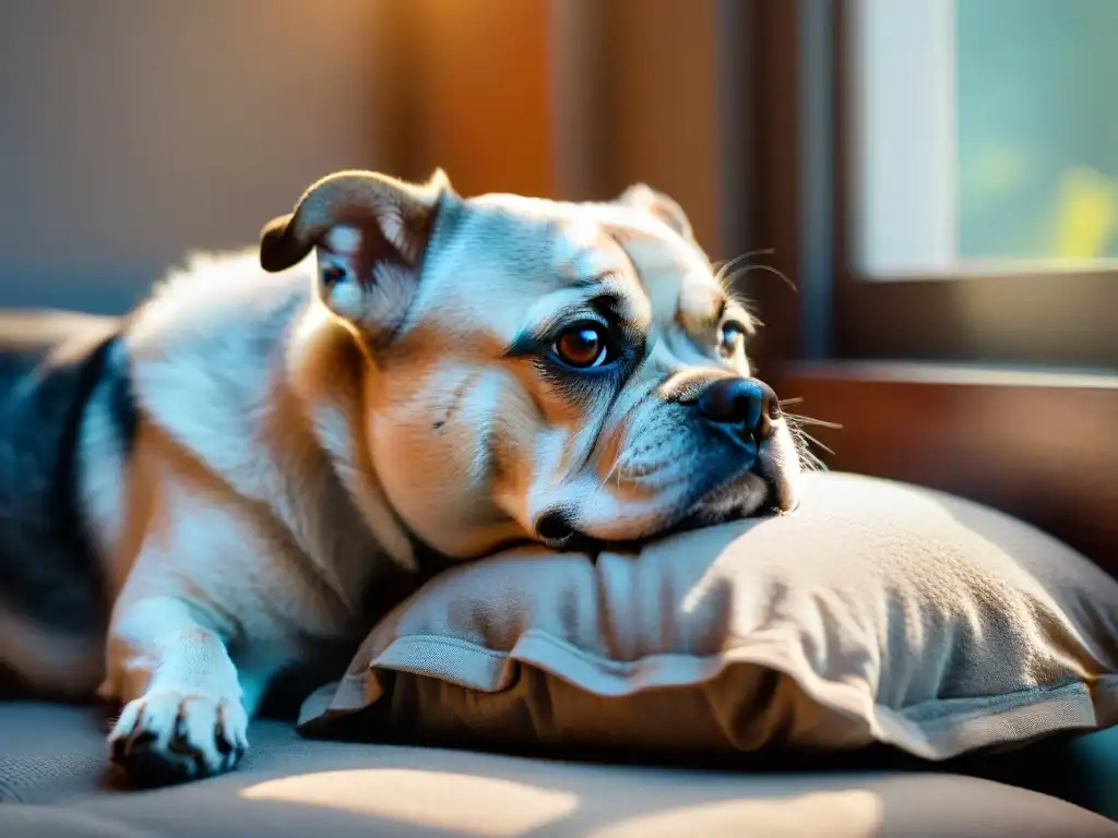 Retrato conmovedor de perro mayor en cama acogedora Un anciano perro gris descansando en su cama, con ojos sabios y alma tranquila, rodeado de luz solar reconfortante