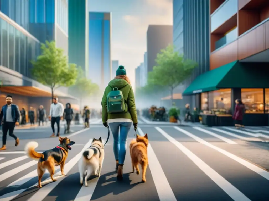 Escena urbana: paseo de perros en ciudad moderna Una animada calle de la ciudad con rascacielos y personas paseando perros de todas las razas y tamaños, tiendas y cafés petfriendly