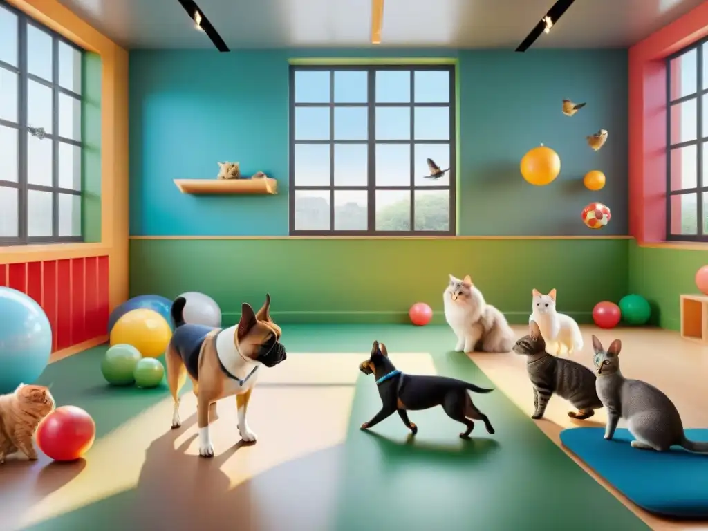 Juegos y alegría: Mascotas diversas se divierten en guardería animada Una animada guardería para mascotas donde perros, gatos, conejos y aves interactúan alegremente, previniendo estrés por separación