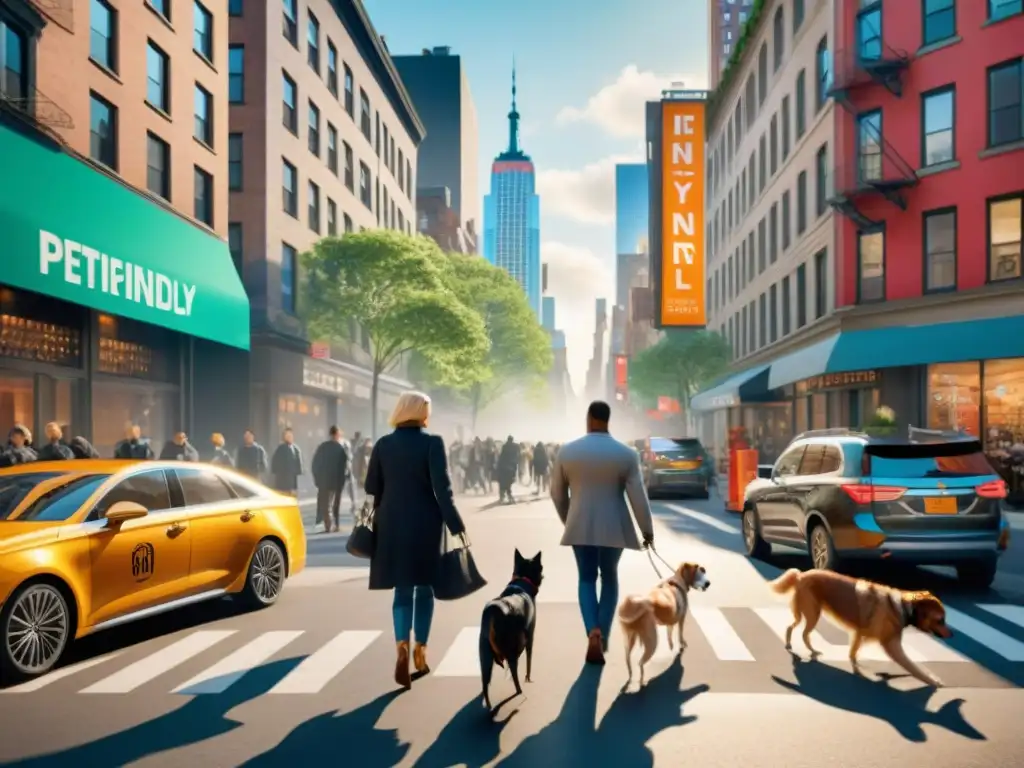 Vecindario petfriendly en Nueva York: diversidad, vitalidad y comunidad Un animado y acogedor vecindario de Nueva York con diversidad de perros paseando