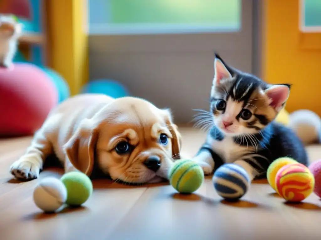 Alegre convivencia de cachorros y gatitos en guardería de mascotas Un animado centro de cuidado de mascotas con cachorros y gatitos de diferentes razas socializando entre juguetes, creando un ambiente cálido y alegre