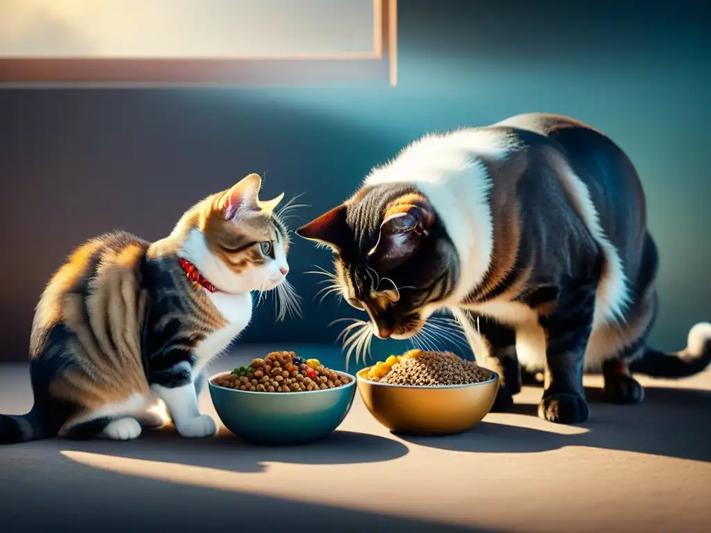 Convivencia armoniosa: mascotas diversas compartiendo en paz Varios animales comiendo juntos en armonía, evitando competencia en la alimentación múltiples mascotas