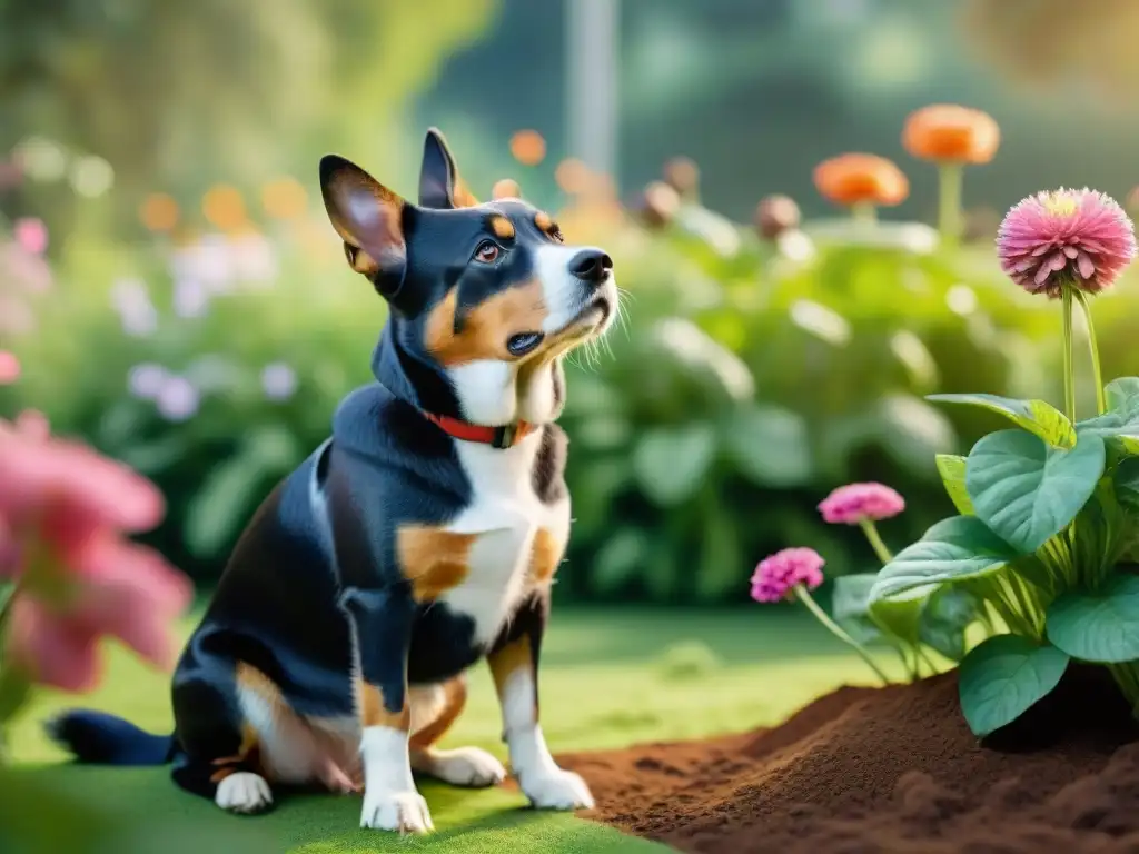Animales vibrantes y sanos interactúan en jardín soleado, destacando suplementos para fortalecer sistema inmunitario mascota