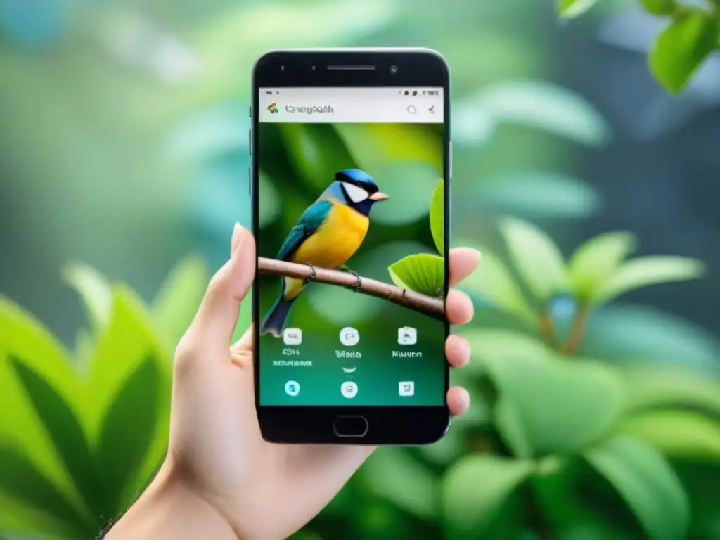 Aplicaciones móviles de aves: coloridas y cautivadoras Aplicaciones cuidado aves mascota: móvil con apps de aves coloridas en entorno sereno y aviar variado