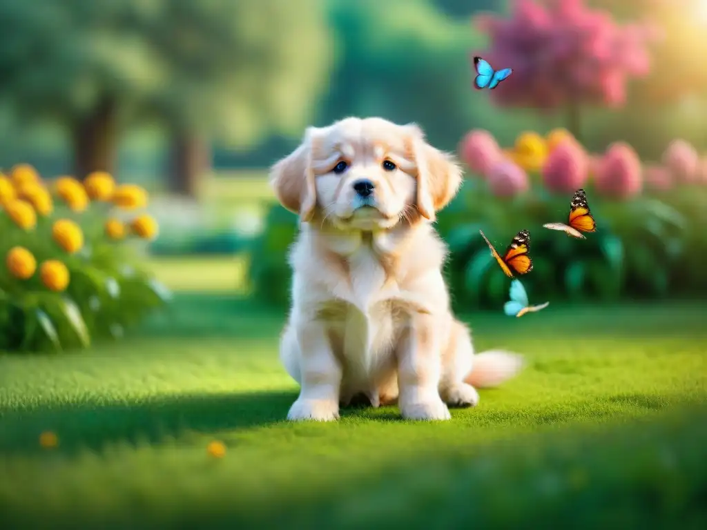 Niño aprendiendo con tablet y perro en jardín idílico Niño y perro disfrutan apps educativas en jardín con mariposas