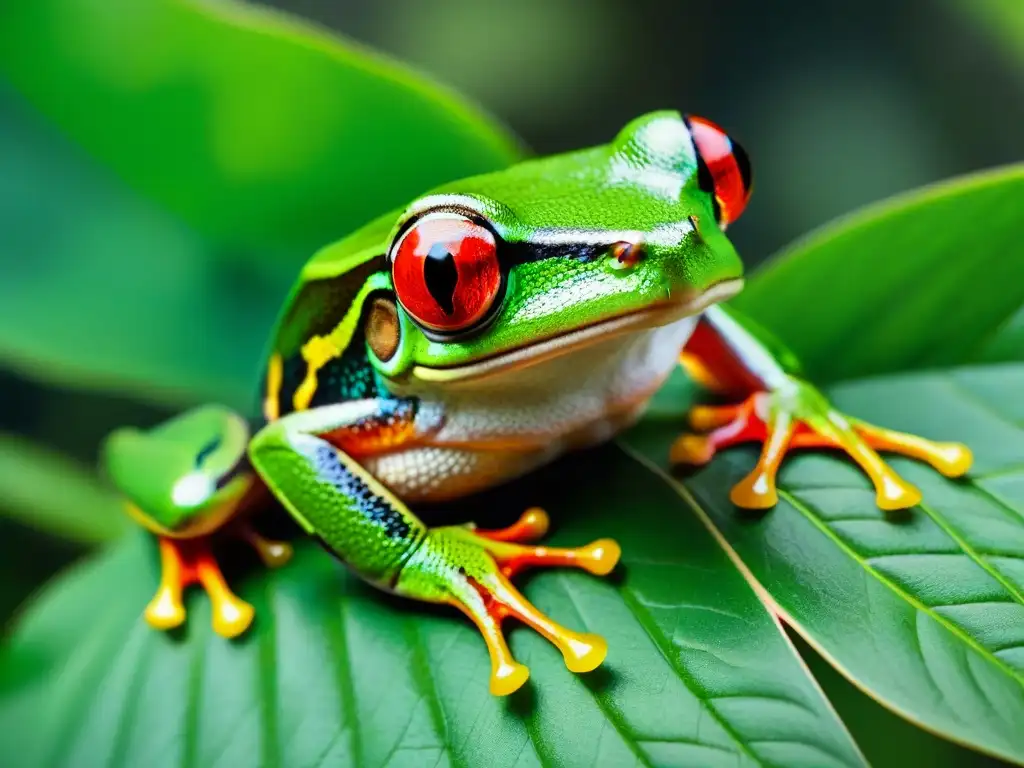 Rana de ojos rojos en la selva tropical Un árbol rana de ojos rojos vibrante en su hábitat tropical