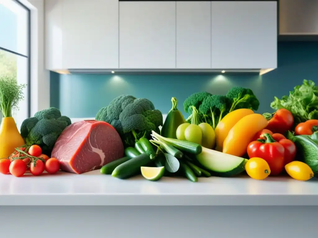 Preparación gourmet: cocina colorida para mascotas felices Armoniosa cocina con alimentos naturales para la mascota listos para cocinar, resaltando frescura y diversidad