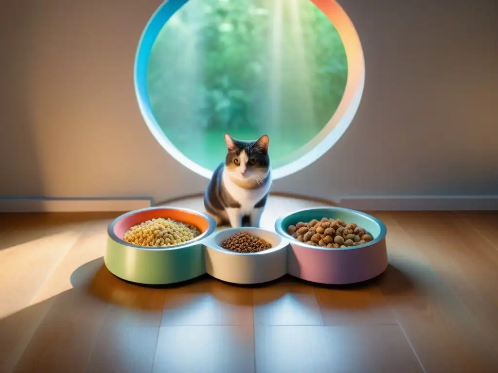 Convivencia armoniosa: Mascotas alimentándose en cuencos personalizados Armoniosa alimentación múltiples mascotas evitar competencia en círculo de tazones con nombres de mascotas sobre suelo de madera
