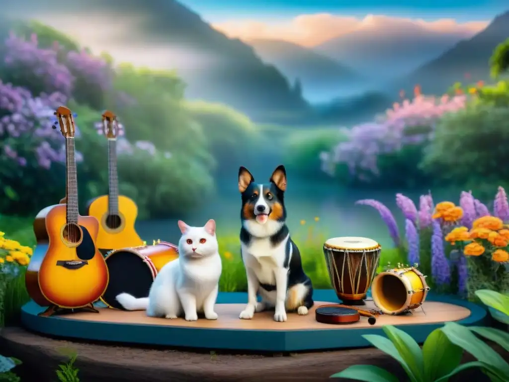 Armonía musical: animales en jardín con instrumentos Un armonioso concierto de animales rodeados de instrumentos musicales en un jardín sereno