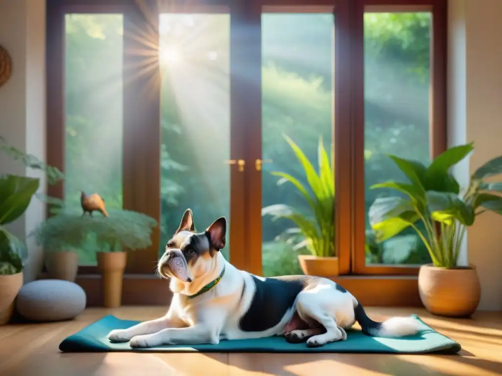 Un jardín armonioso donde mascotas se relajan juntas bajo el sol, ilustrando la astrología en el bienestar de los animales