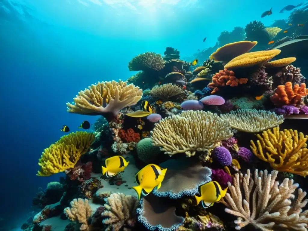 Arrecife de coral colorido con peces nadando pacíficamente entre formaciones coralinas detalladas