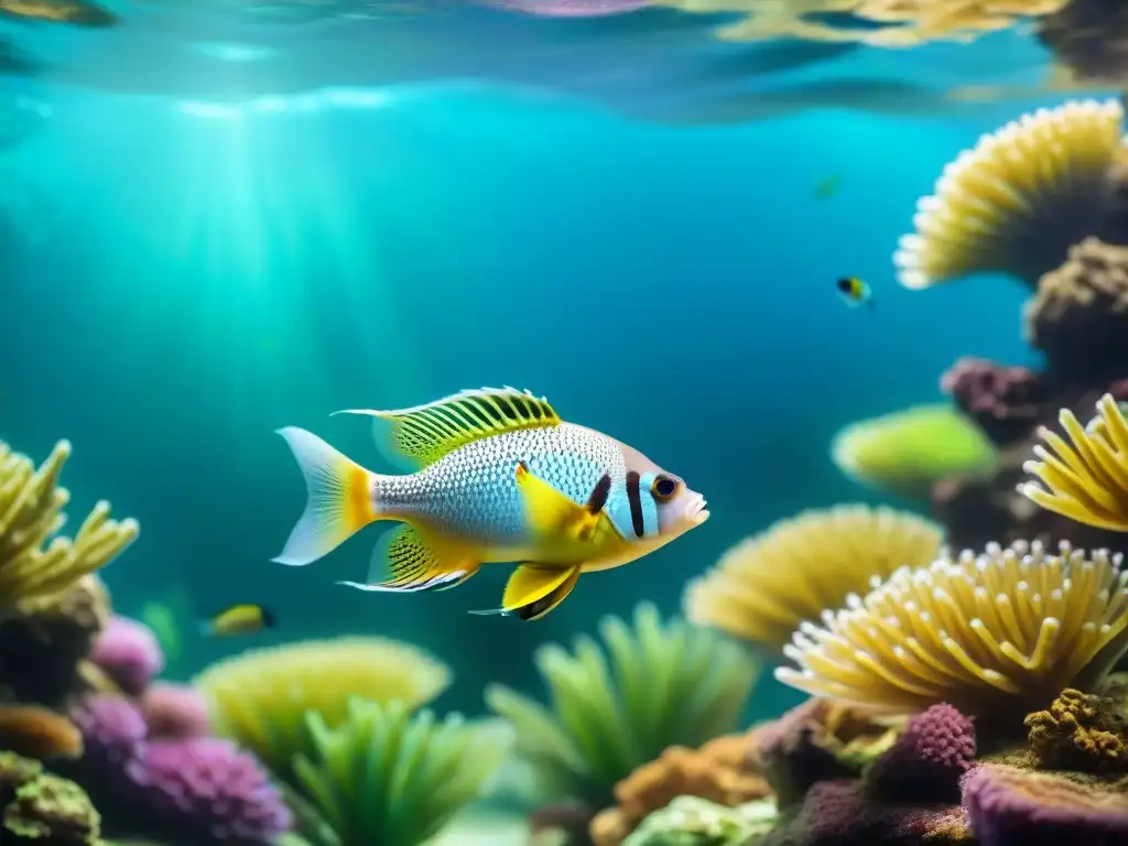 Acuario tecnológico: escuela de peces exóticos en armonía Un arrecife tecnológico iluminado por LED muestra un cardumen de peces exóticos