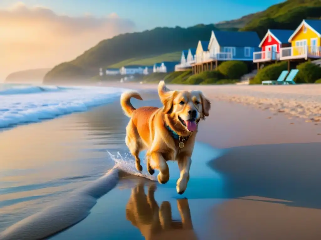 Playa petfriendly: atardecer sereno con perro juguetón Un atardecer sereno en la playa con un perro dorado juguetón en la orilla, destinos pet friendly para mascotas
